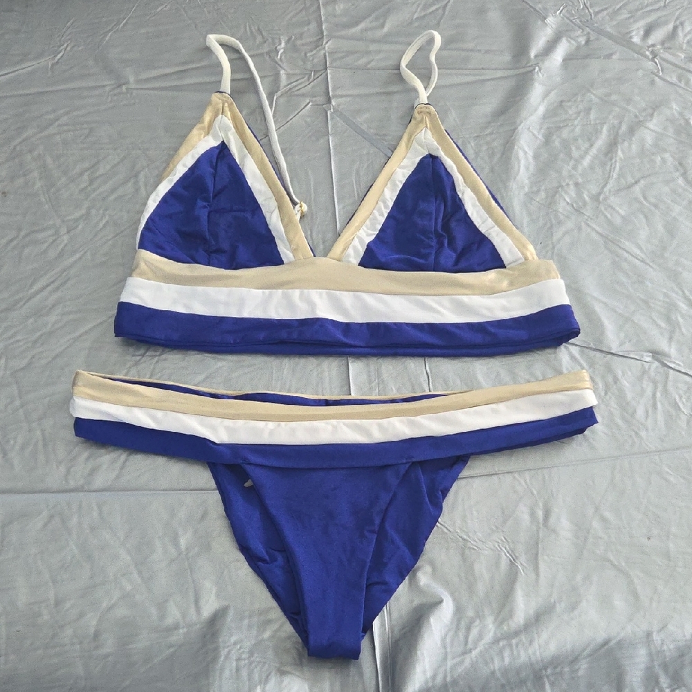Beach Bunny Royal Blue, Cream & White Striped Triangle Bikini
